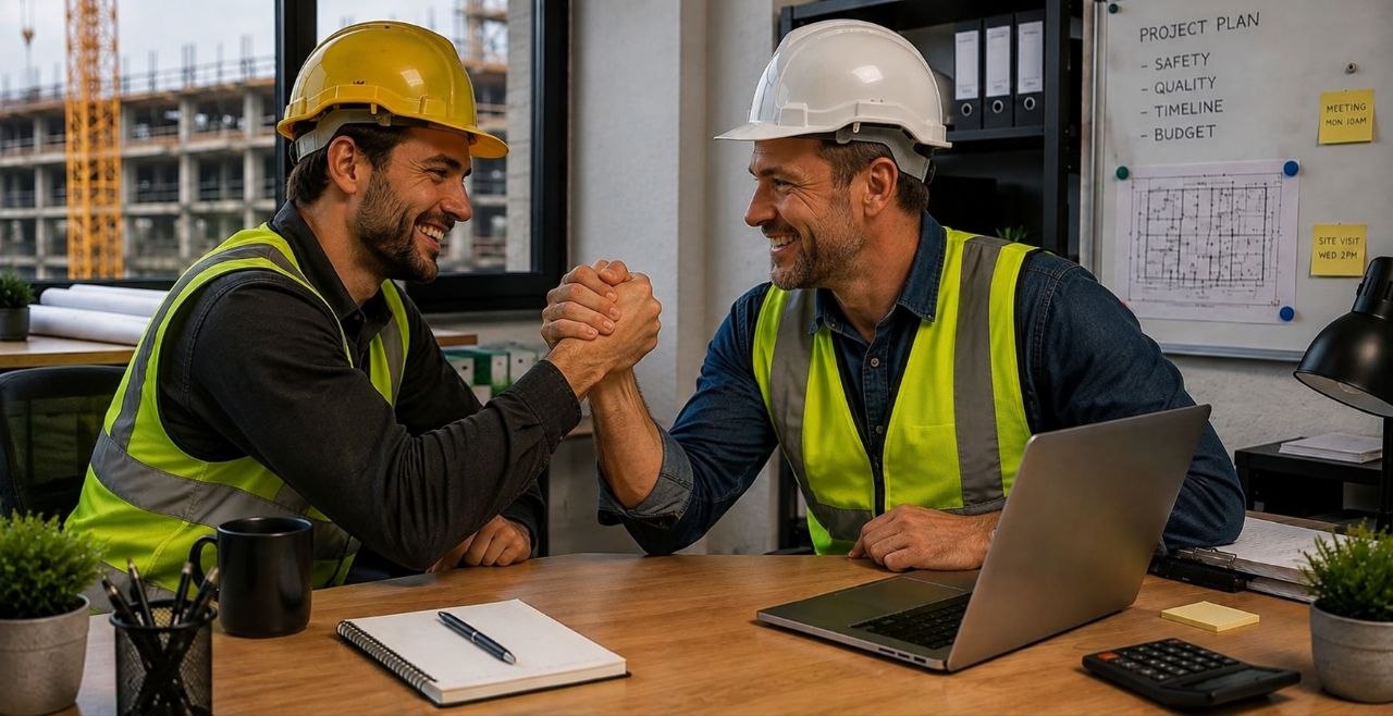 Construction workers supporting each other